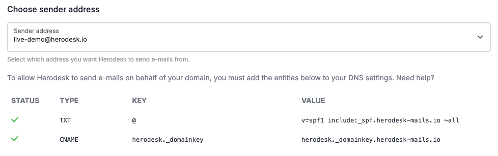 Herodesk custom sender domain